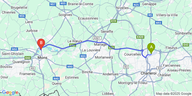 Map: Charleroi Airport Brussels South (CRL) to Nimy-Maisi?res