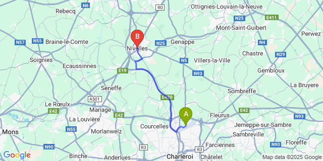 Map: Charleroi Airport Brussels South (CRL) to Nivelles