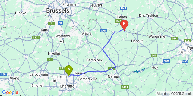 Map: Charleroi Airport Brussels South (CRL) to Noduwez