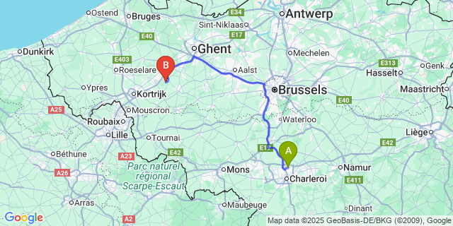 Map: Charleroi Airport Brussels South (CRL) to Nokere