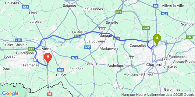 Map: Charleroi Airport Brussels South (CRL) to Nouvelles