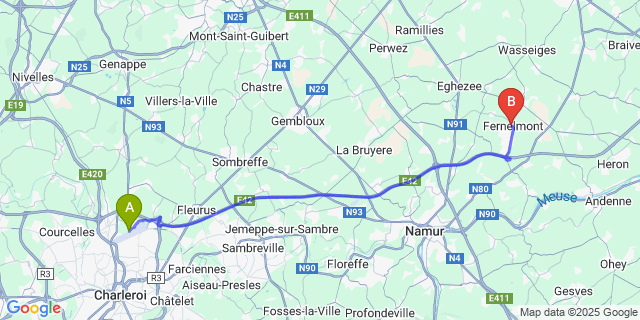 Map: Charleroi Airport Brussels South (CRL) to Noville-les-Bois