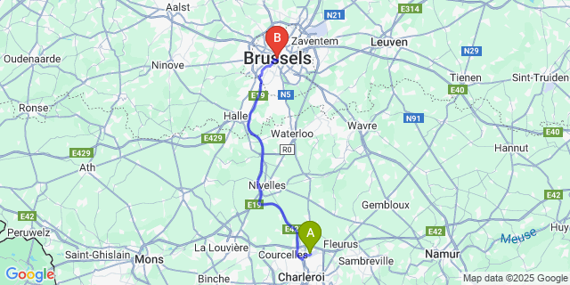 Map: Charleroi Airport Brussels South (CRL) to Novotel Brussels off Grand Place