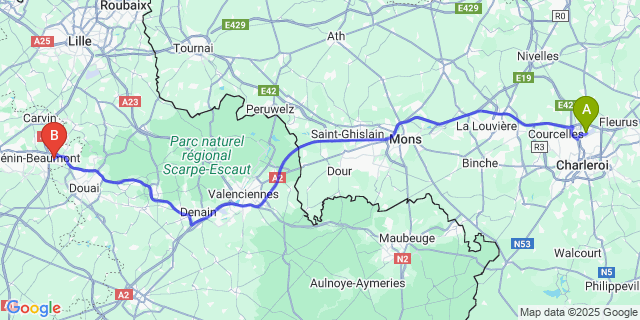 Map: Charleroi Airport Brussels South (CRL) to Noyelles-Godault
