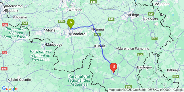 Map: Charleroi Airport Brussels South (CRL) to Ochamps