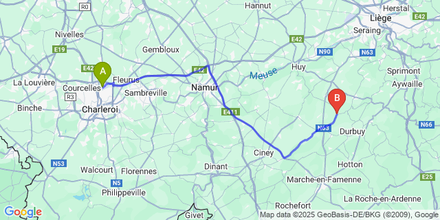 Map: Charleroi Airport Brussels South (CRL) to Ocquier