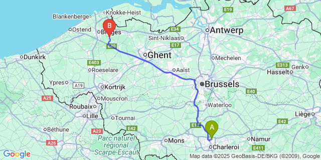 Map: Charleroi Airport Brussels South (CRL) to Oedelem