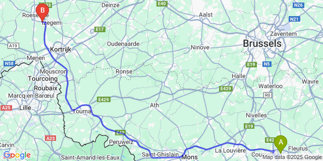 Map: Charleroi Airport Brussels South (CRL) to Oekene