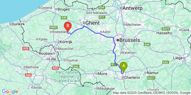 Map: Charleroi Airport Brussels South (CRL) to Oeselgem