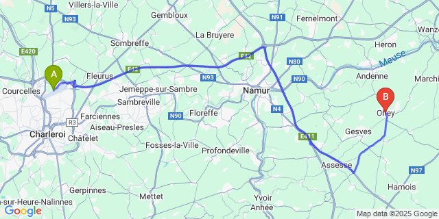 Map: Charleroi Airport Brussels South (CRL) to Ohey