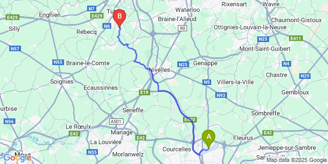 Map: Charleroi Airport Brussels South (CRL) to Oisquercq