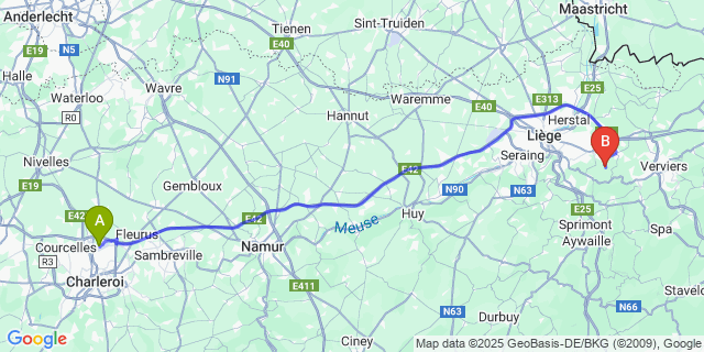 Map: Charleroi Airport Brussels South (CRL) to Olne