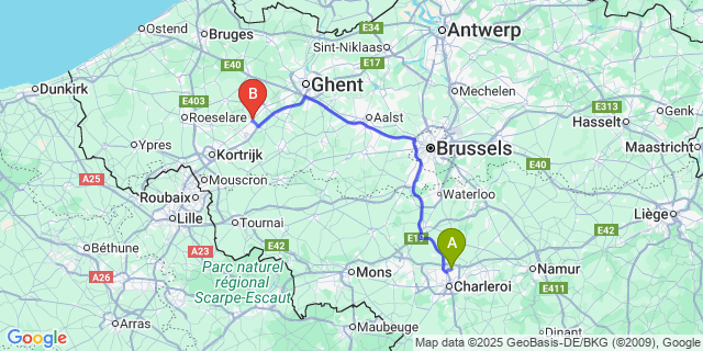 Map: Charleroi Airport Brussels South (CRL) to Olsene