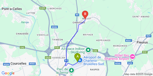 Map: Charleroi Airport Brussels South (CRL) to On