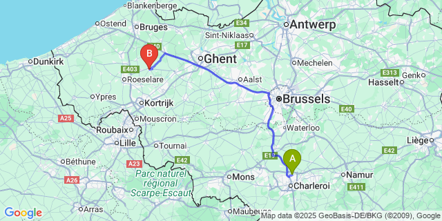 Map: Charleroi Airport Brussels South (CRL) to Onze-Lieve-Vrouw-Tielt