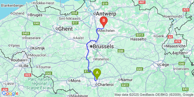 Map: Charleroi Airport Brussels South (CRL) to Onze-Lieve-Vrouw-Waver
