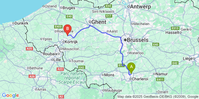 Map: Charleroi Airport Brussels South (CRL) to Ooigem