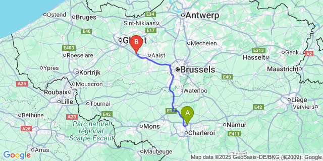 Map: Charleroi Airport Brussels South (CRL) to Oordegem