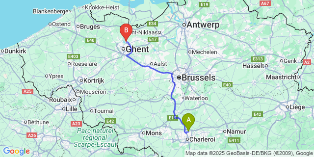 Map: Charleroi Airport Brussels South (CRL) to Oostakker