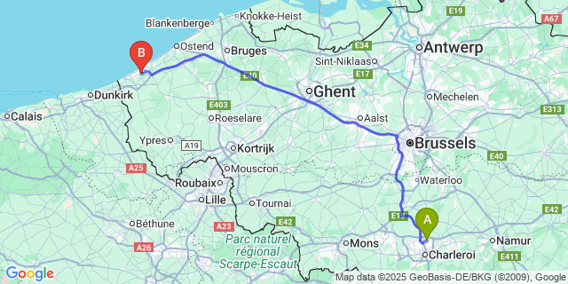 Map: Charleroi Airport Brussels South (CRL) to Oostduinkerke