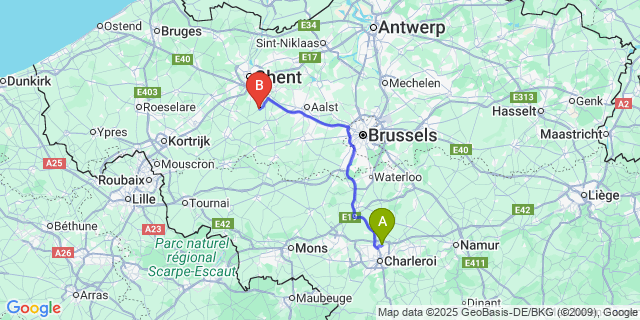 Map: Charleroi Airport Brussels South (CRL) to Oosterzele