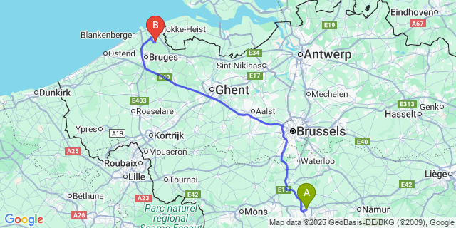 Map: Charleroi Airport Brussels South (CRL) to Oostkerke (-Bij-Brugge)