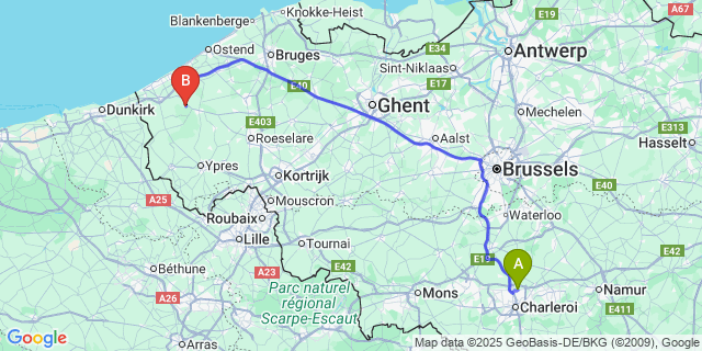 Map: Charleroi Airport Brussels South (CRL) to Oostkerke (-Bij-Diksmuide)