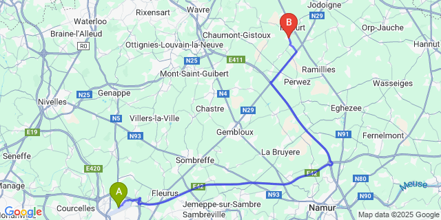 Map: Charleroi Airport Brussels South (CRL) to Opprebais