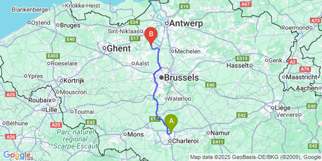 Map: Charleroi Airport Brussels South (CRL) to Oppuurs