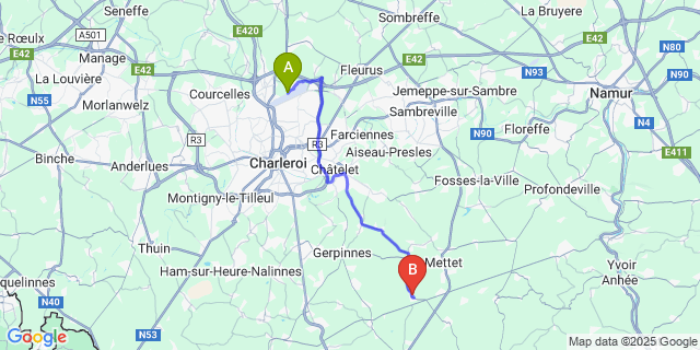 Map: Charleroi Airport Brussels South (CRL) to Oret