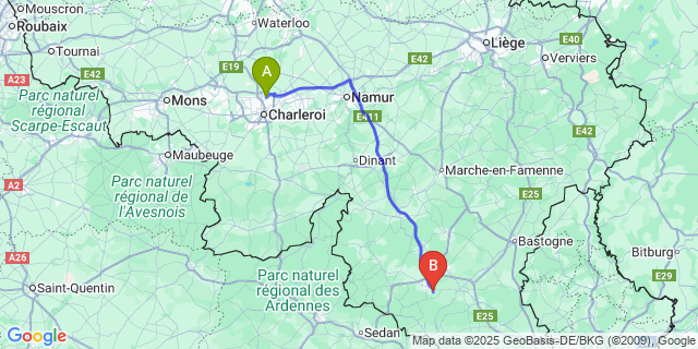 Map: Charleroi Airport Brussels South (CRL) to Orgeo