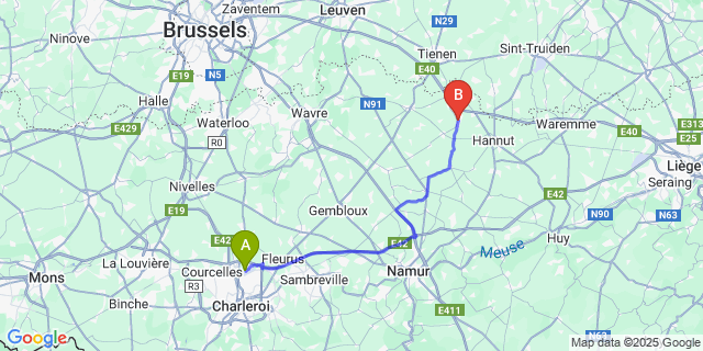 Map: Charleroi Airport Brussels South (CRL) to Orp-le-Grand