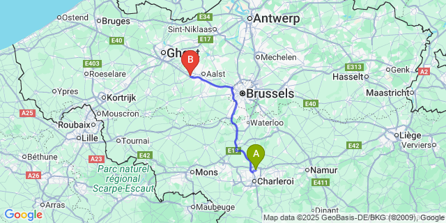 Map: Charleroi Airport Brussels South (CRL) to Ottergem