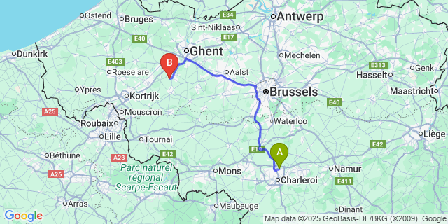 Map: Charleroi Airport Brussels South (CRL) to Ouwegem