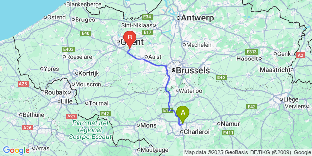 Map: Charleroi Airport Brussels South (CRL) to Overbeke