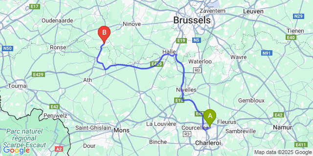 Map: Charleroi Airport Brussels South (CRL) to Overboelare