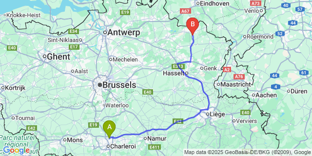 Map: Charleroi Airport Brussels South (CRL) to Overpelt