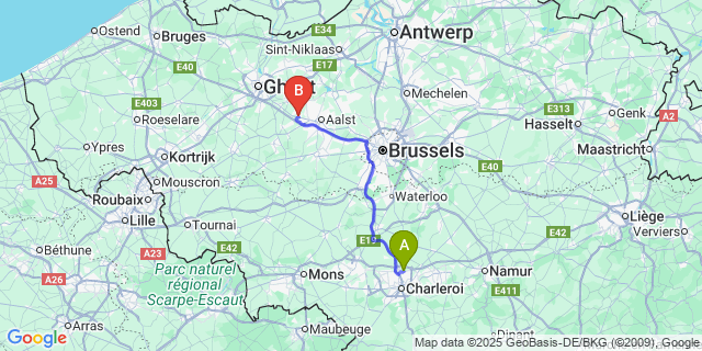 Map: Charleroi Airport Brussels South (CRL) to Papegem