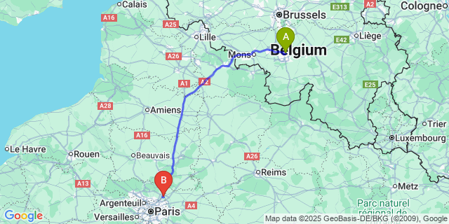 Map: Charleroi Airport Brussels South (CRL) to Paris Charles de Gaulle Airport (CDG)