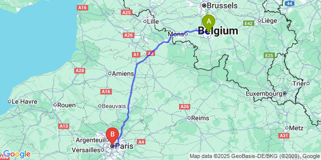 Map: Charleroi Airport Brussels South (CRL) to Paris city (all areas)
