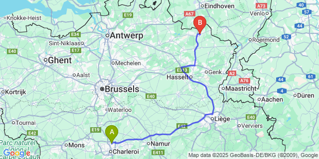 Map: Charleroi Airport Brussels South (CRL) to Pelt