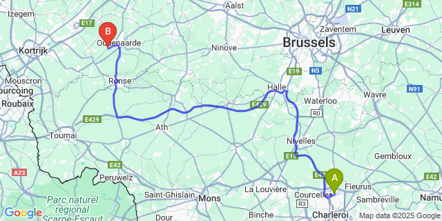 Map: Charleroi Airport Brussels South (CRL) to Petegem (Gent)