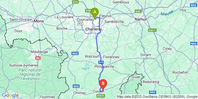 Map: Charleroi Airport Brussels South (CRL) to Petigny