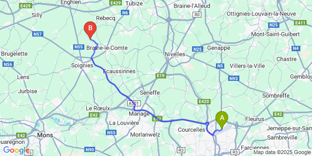 Map: Charleroi Airport Brussels South (CRL) to Petit-R?ulx-Lez-Braine
