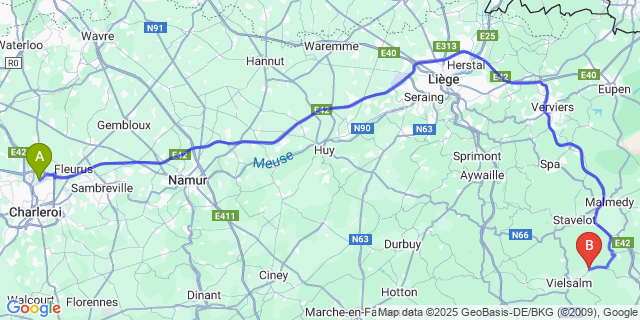 Map: Charleroi Airport Brussels South (CRL) to Petit-Thier