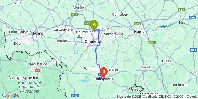 Map: Charleroi Airport Brussels South (CRL) to Philippeville