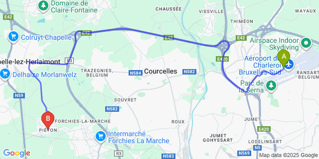 Map: Charleroi Airport Brussels South (CRL) to Piéton