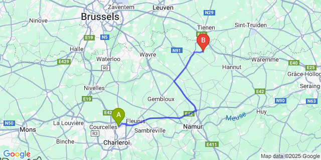 Map: Charleroi Airport Brussels South (CRL) to Pietrain