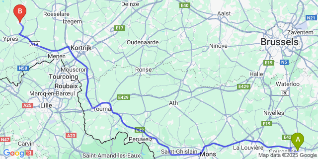 Map: Charleroi Airport Brussels South (CRL) to Poelkapelle