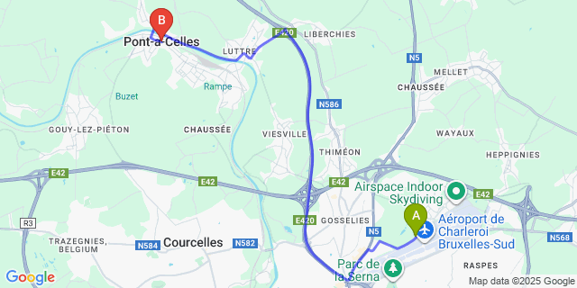 Map: Charleroi Airport Brussels South (CRL) to Pont-?-Celles